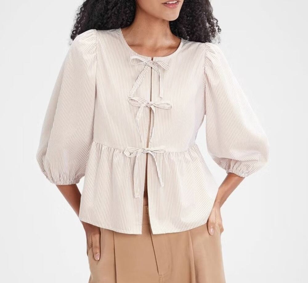 A New Day Puff 3/4 Sleeve Bow Peplum Top Blouse Yellow Stripe XS